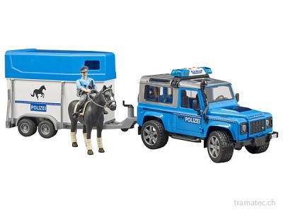 Bruder Land Rover Defender Polizeifahrzeug mit Pferdeanhänger, Pferd und Polizist